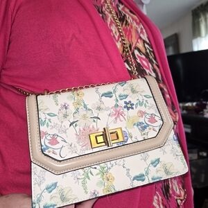 Aldo Floral Cream Crossbody Bag with Gold Accents Crossbody 6.5" High X 8" Wide